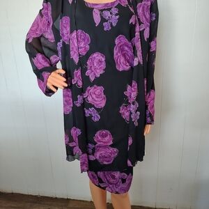 S.L. Fashion Elegant Black and Purple Floral Dress Size 24 WP. 2 Piece Set.